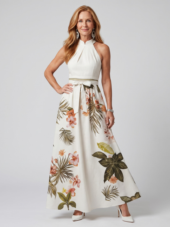 Prado | Vestido Maxi con Panel Botánico y Cuello Halter Drapado
