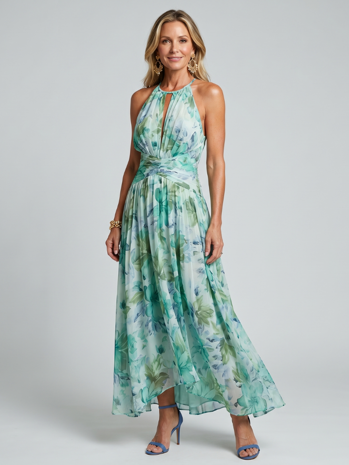 Portia | Vestido Midi Floral Suave con Cuello Halter Plisado