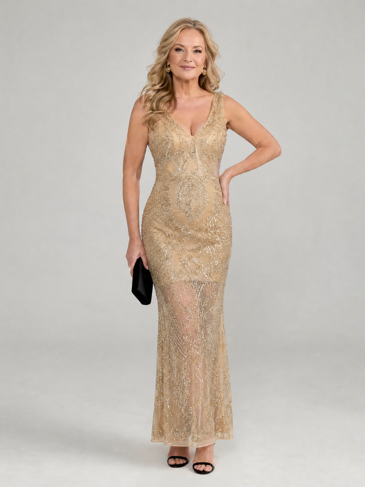 Sirea | Vestido midi sin mangas con paneles transparentes y lentejuelas