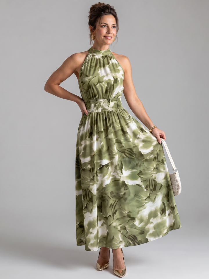 Olivia | Vestido Midi de Talle Fruncido con Estampado Abstracto