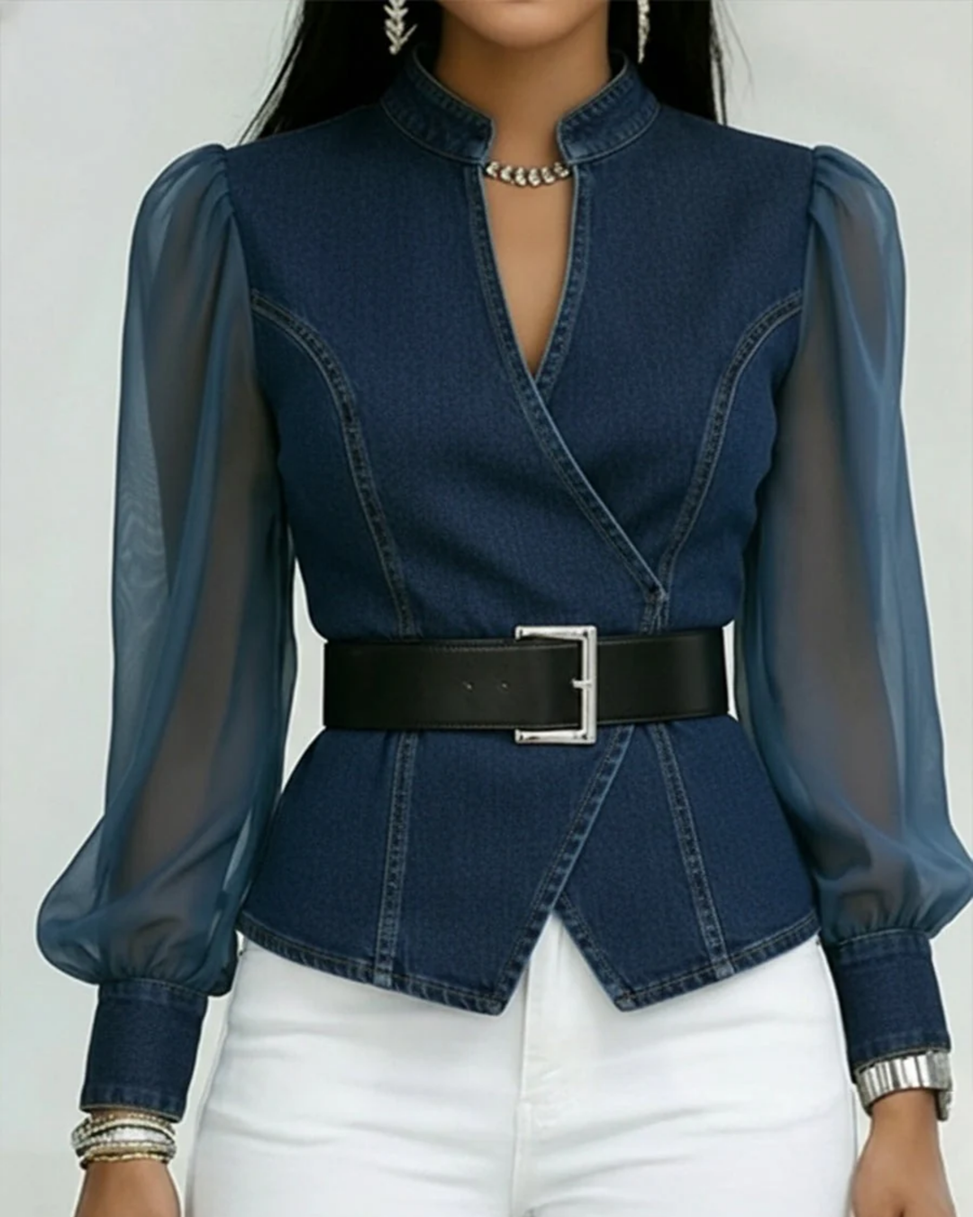 Vessa™ | Top de Denim con Mangas de Chiffon