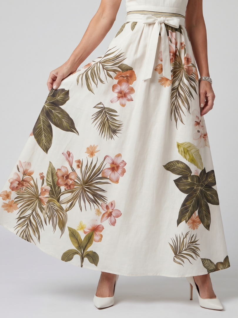 Prado | Vestido Maxi con Panel Botánico y Cuello Halter Drapado