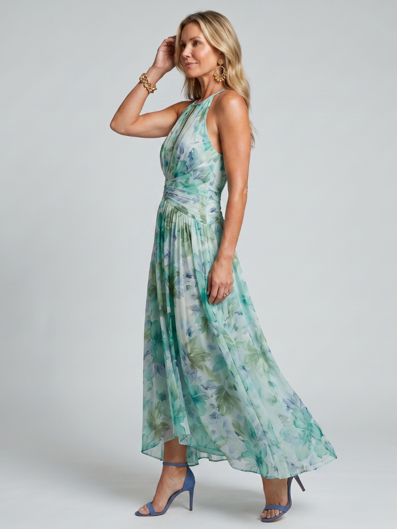 Portia | Vestido Midi Floral Suave con Cuello Halter Plisado