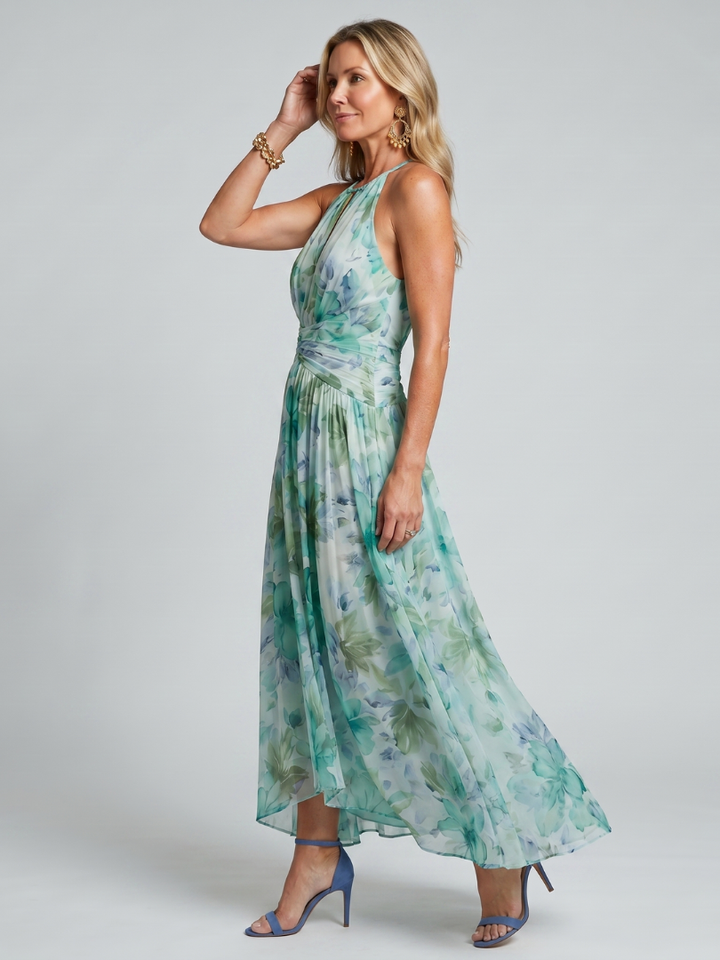 Portia | Vestido Midi Floral Suave con Cuello Halter Plisado