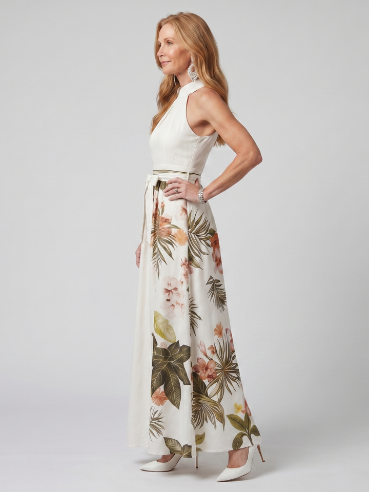 Prado | Vestido Maxi con Panel Botánico y Cuello Halter Drapado