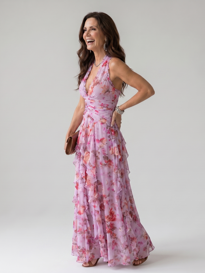 Nori | Vestido Maxi Floral con Escote Halter y Cuerpo Fruncido