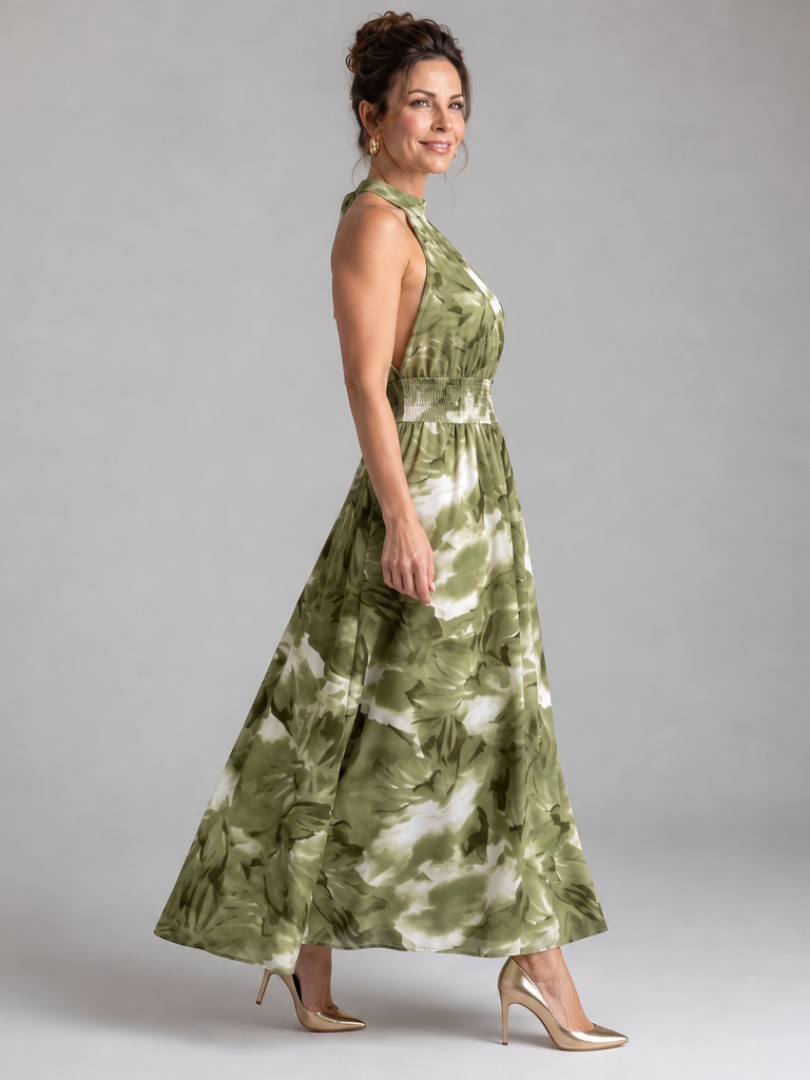 Olivia | Vestido Midi de Talle Fruncido con Estampado Abstracto