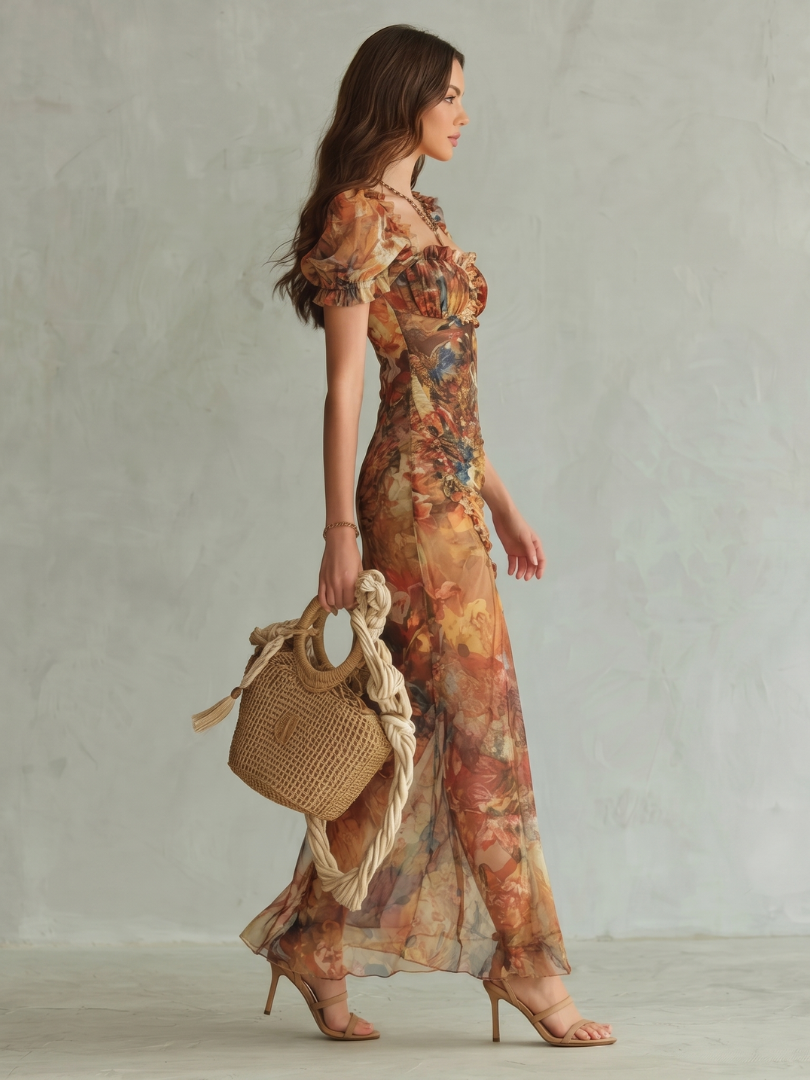 Ciel | Vestido Midi Con Manga Fruncida y Abertura