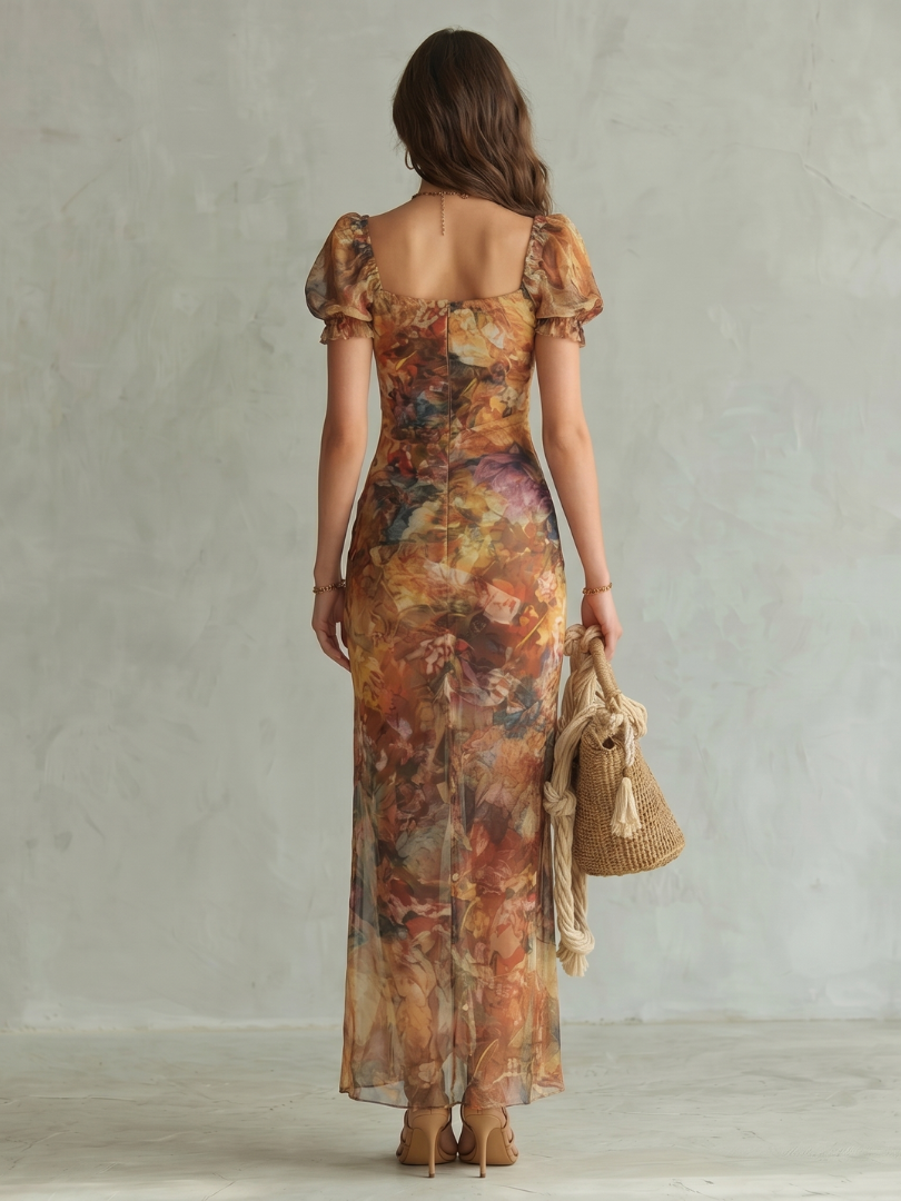 Ciel | Vestido Midi Con Manga Fruncida y Abertura