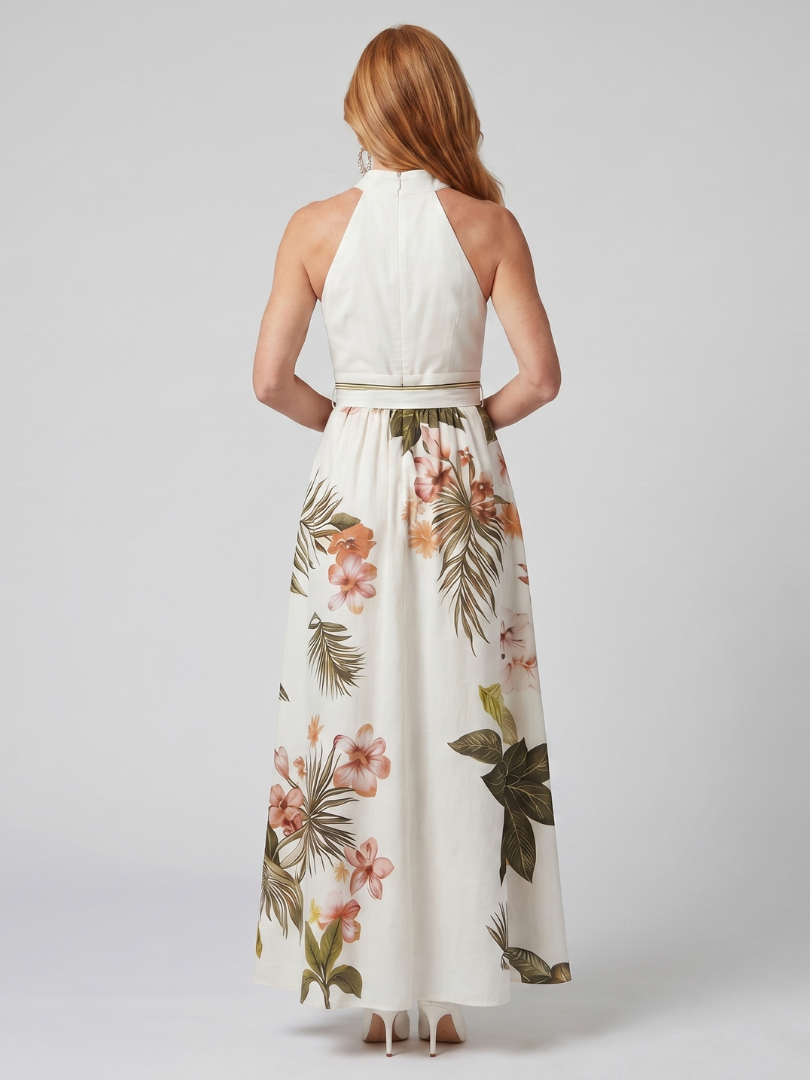 Prado | Vestido Maxi con Panel Botánico y Cuello Halter Drapado