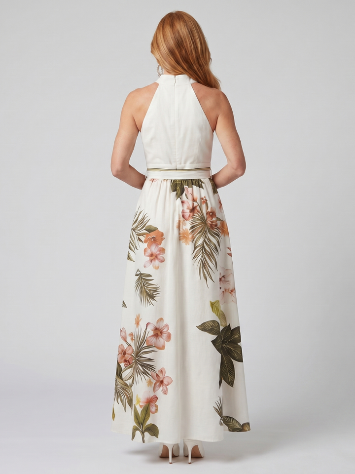 Prado | Vestido Maxi con Panel Botánico y Cuello Halter Drapado