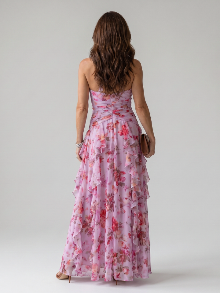 Nori | Vestido Maxi Floral con Escote Halter y Cuerpo Fruncido