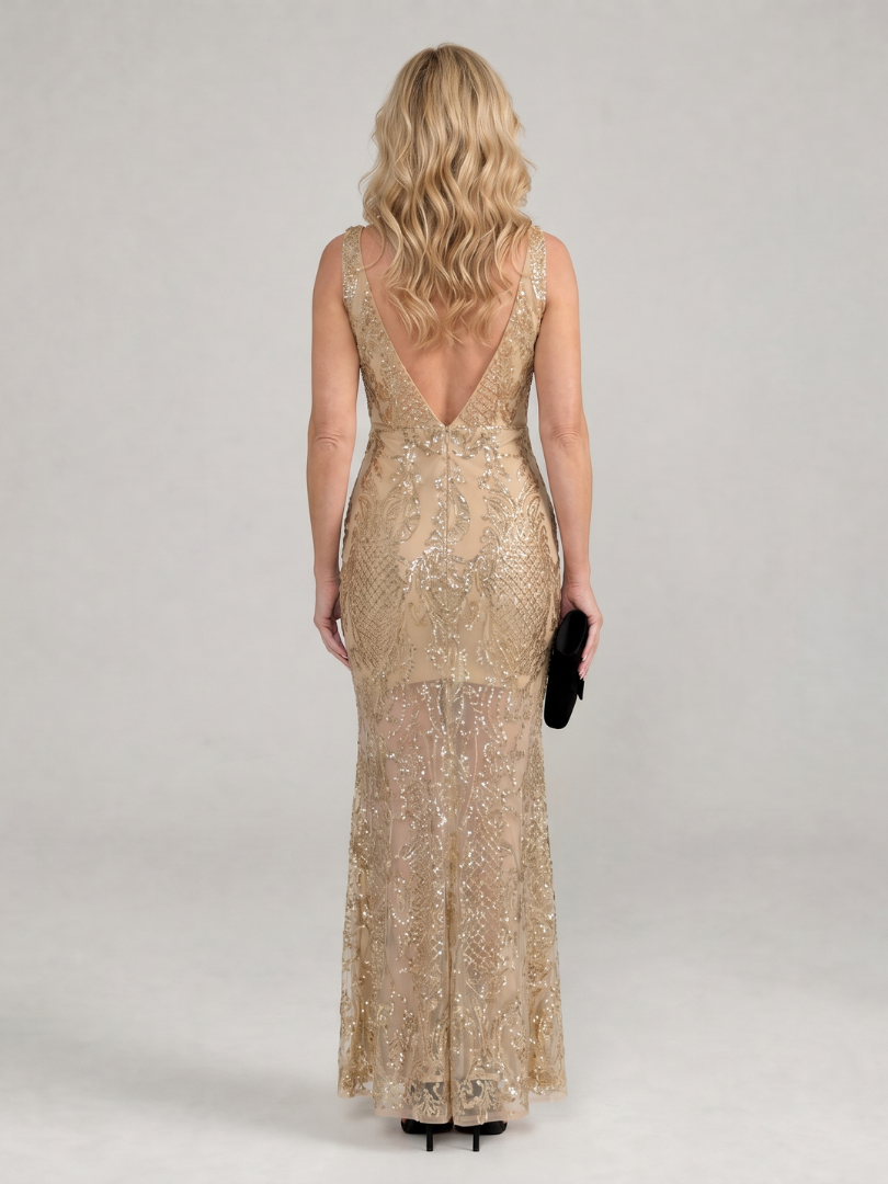 Sirea | Vestido midi sin mangas con paneles transparentes y lentejuelas