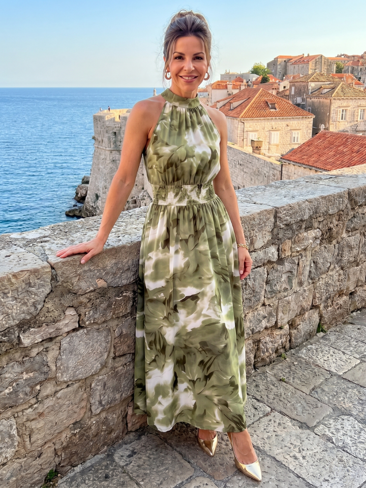 Olivia | Vestido Midi de Talle Fruncido con Estampado Abstracto
