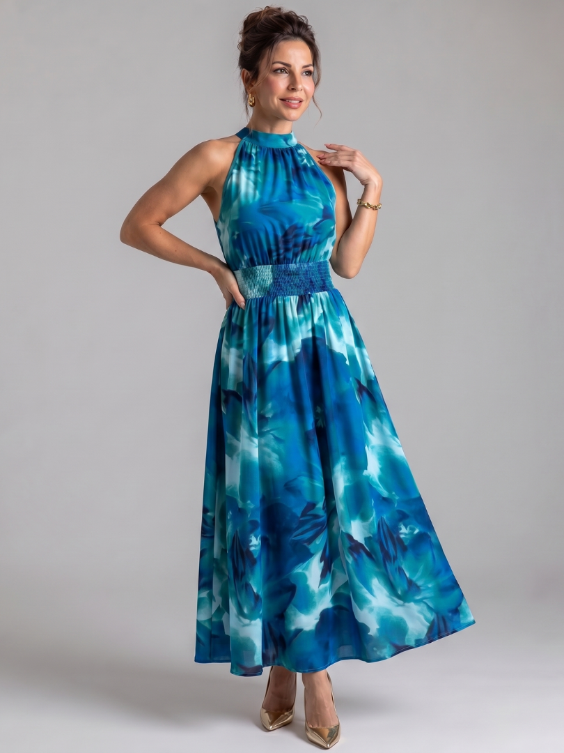 Olivia | Vestido Midi de Talle Fruncido con Estampado Abstracto