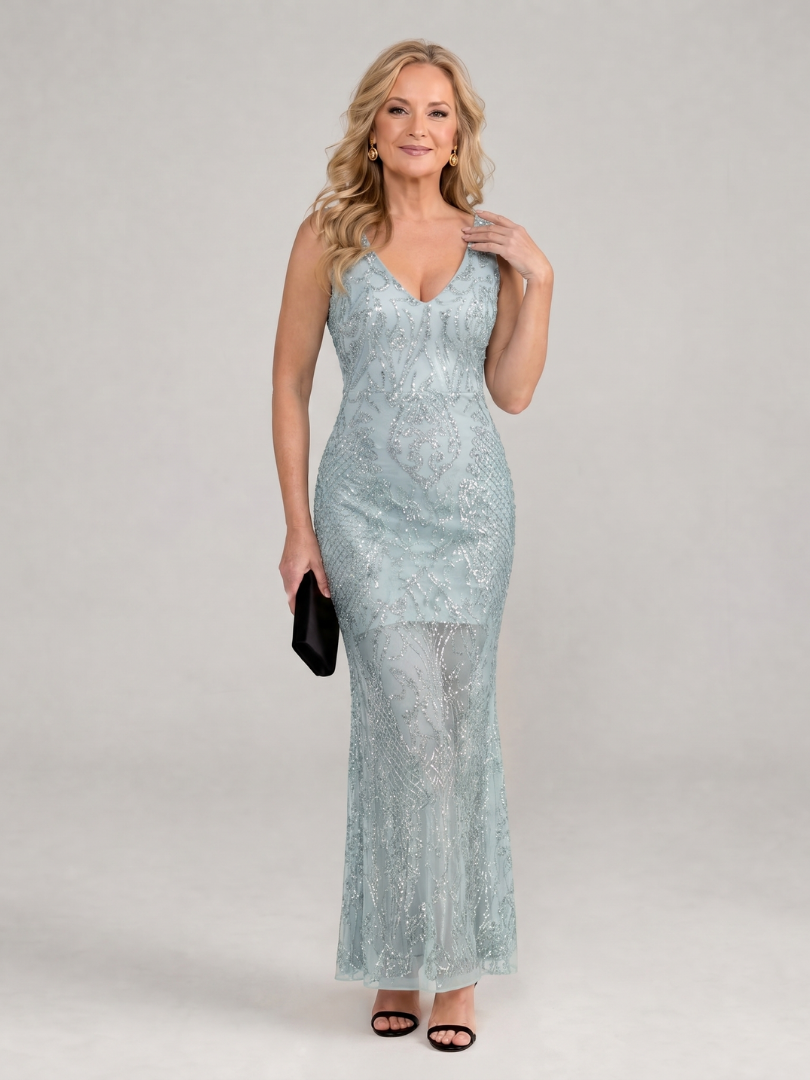 Sirea | Vestido midi sin mangas con paneles transparentes y lentejuelas