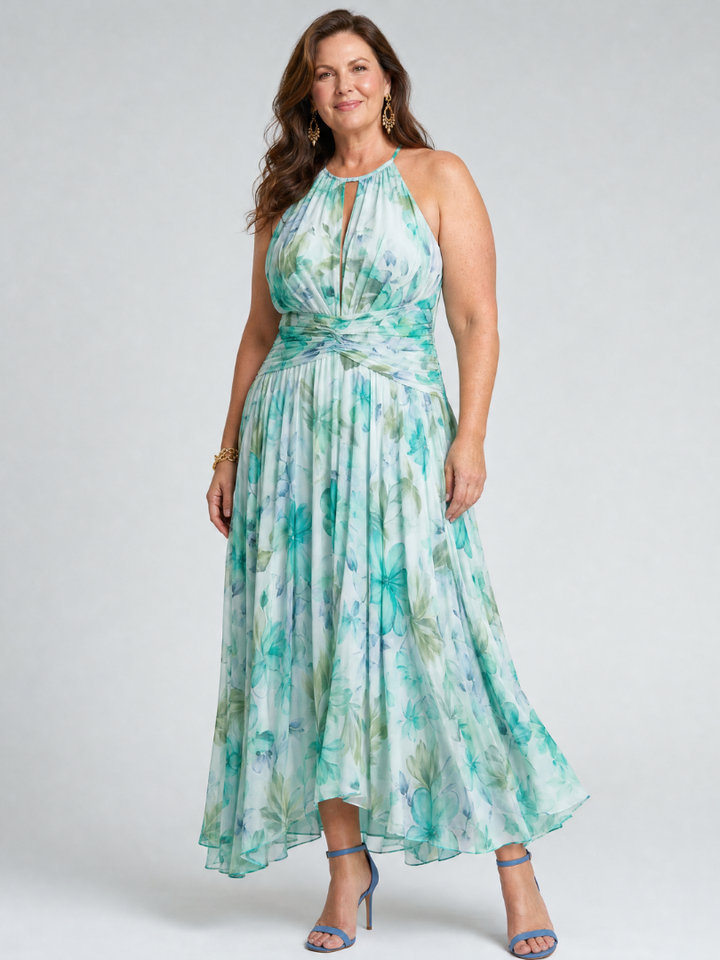 Portia | Vestido Midi Floral Suave con Cuello Halter Plisado