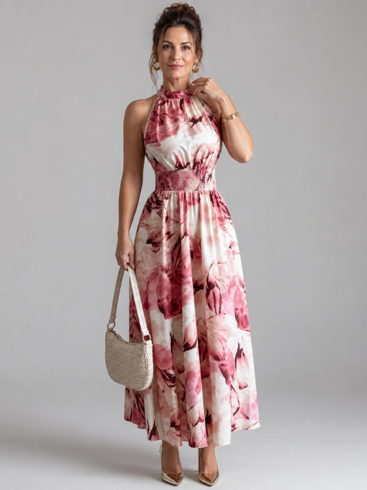 Olivia | Vestido Midi de Talle Fruncido con Estampado Abstracto