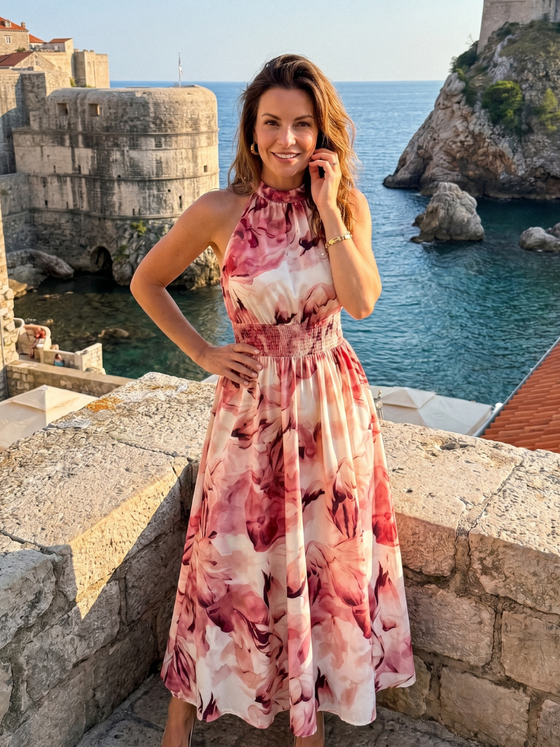 Olivia | Vestido Midi de Talle Fruncido con Estampado Abstracto