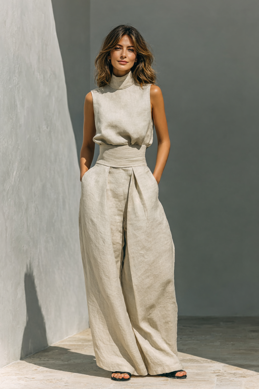 Maria - Conjunto de top y pantalones anchos de algodón y lino minimalista para mujer