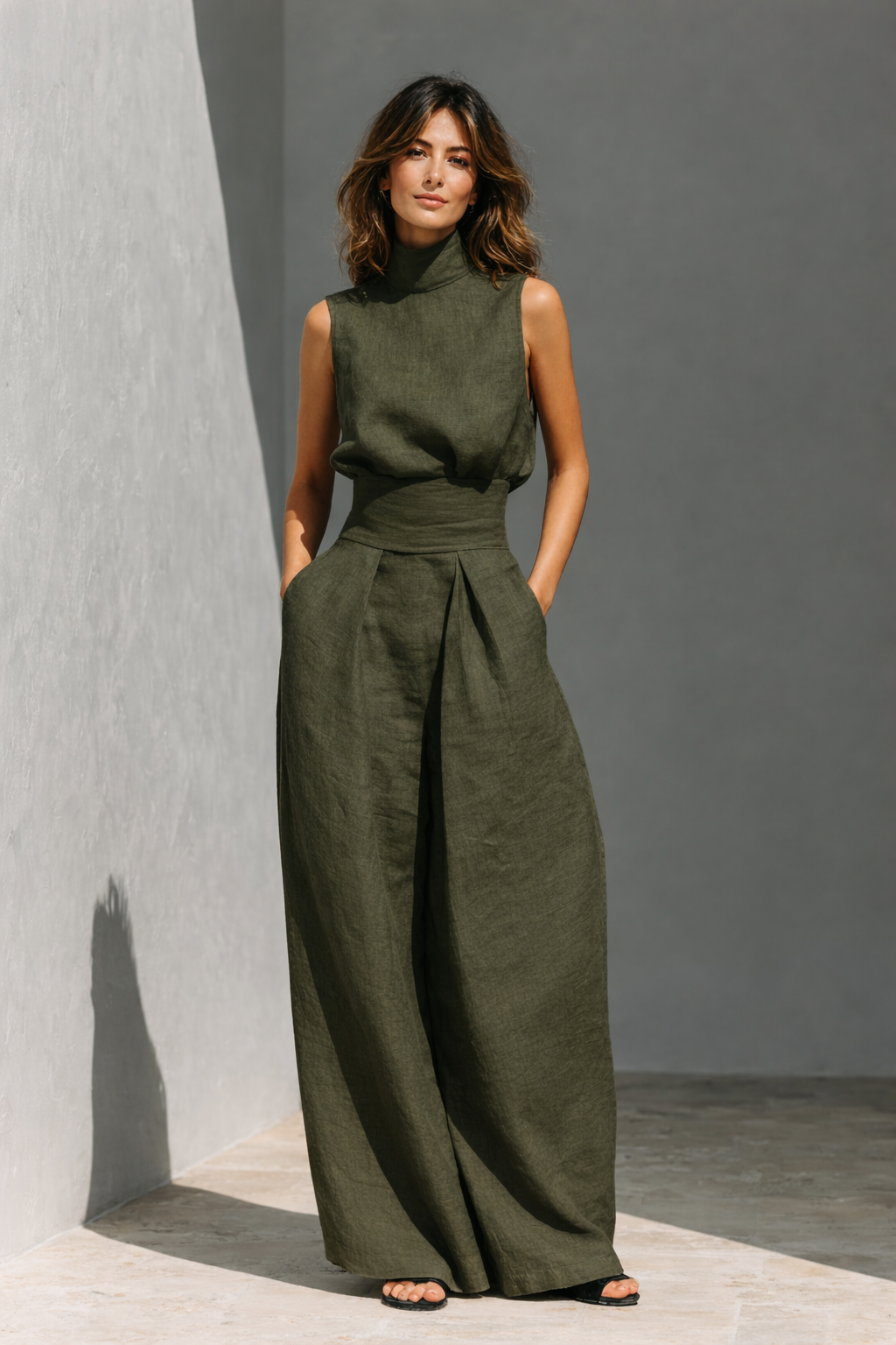 Maria - Conjunto de top y pantalones anchos de algodón y lino minimalista para mujer