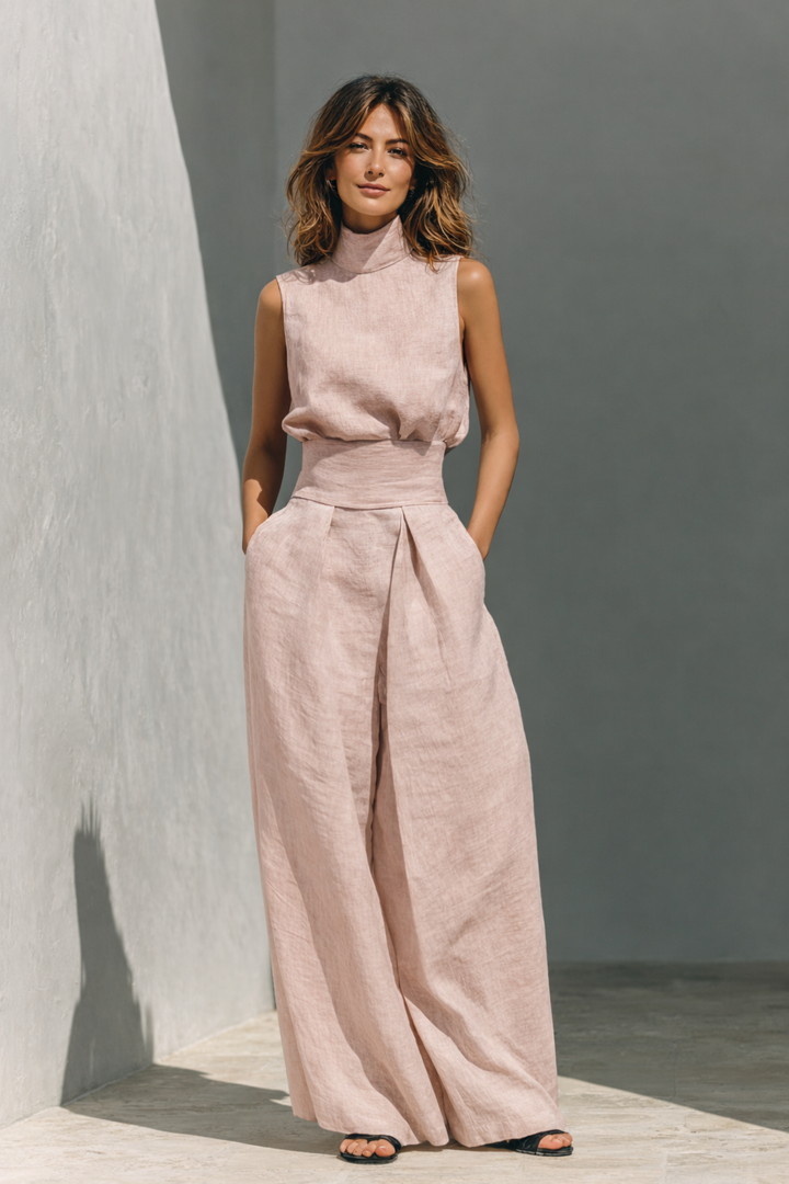 Maria - Conjunto de top y pantalones anchos de algodón y lino minimalista para mujer