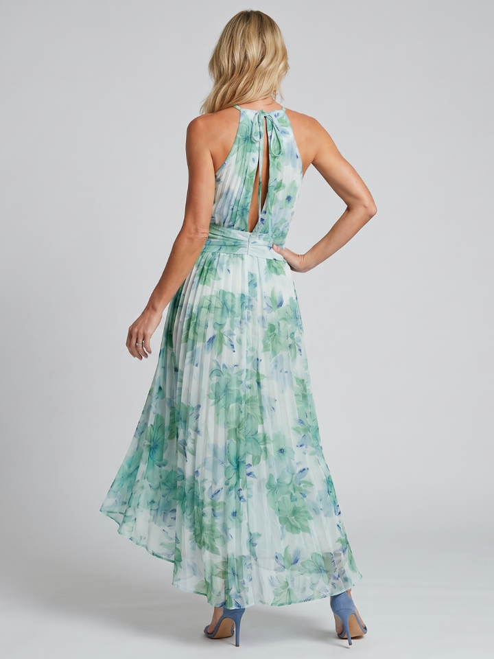 Portia | Vestido Midi Floral Suave con Cuello Halter Plisado